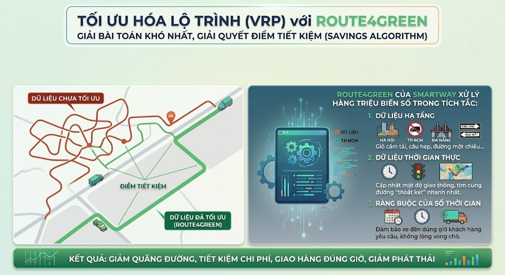 Khám phá thuật toán VRP đằng sau Route4Green. Giải pháp giúp doanh nghiệp vận tải tiết kiệm 20% chi phí dầu nhờ tối ưu lộ trình và giảm thời gian xe chạy không tải.